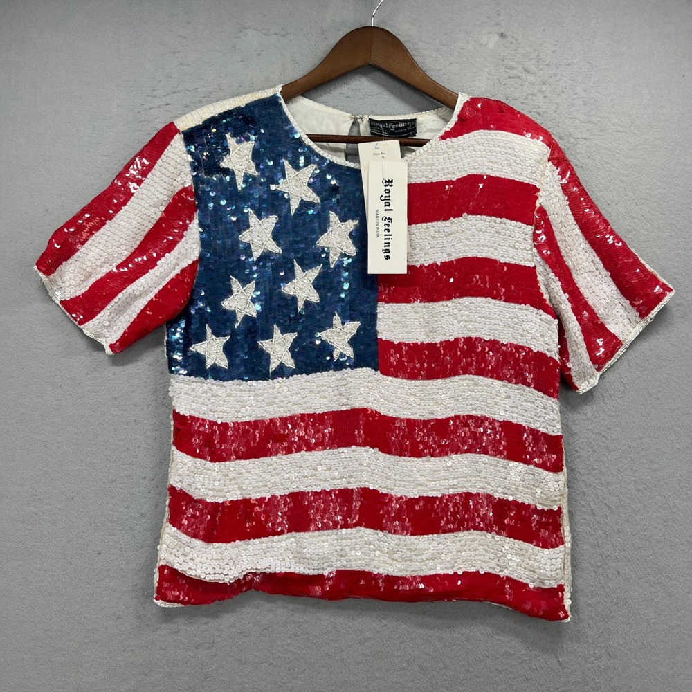Royal Feelings Top Womens L Red American Flag Sequin Beaded Silk Patriotic Retro